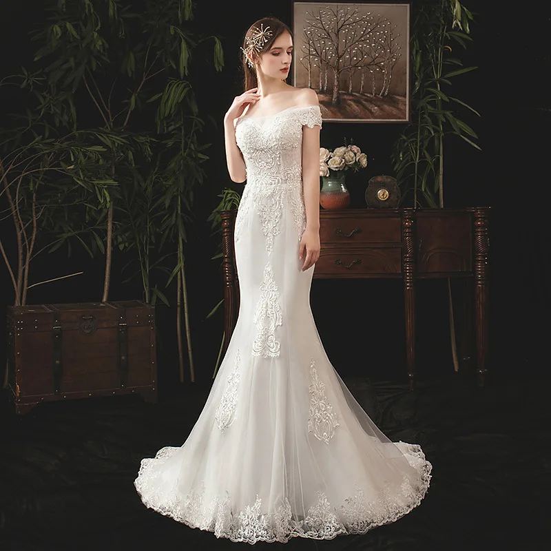 
Customized Simple Style Embroidery Bridal Wedding Dress Lace Mermaid Wedding Dresses 