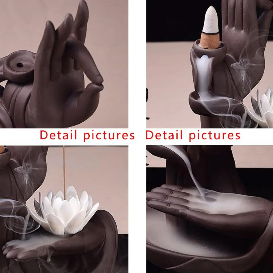 Zen Buddha Hand Incense Burners Backflow Incense Burner Holder Lotus Home Decor Joss Stick Aroma Tower Censer
