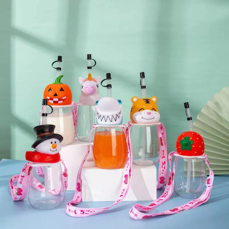 450ml Novelty Custom Wholesale Creative PET Plastic Christmas Halloween Cartoon Animal Lid Bottle Yard Cup With Lid Straw