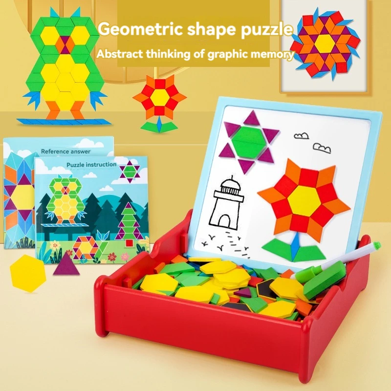 Wooden Pattern Blocks Puzzle Board Children Shape Matching Puzzles Montessori Magnetic tangram geometric Toys