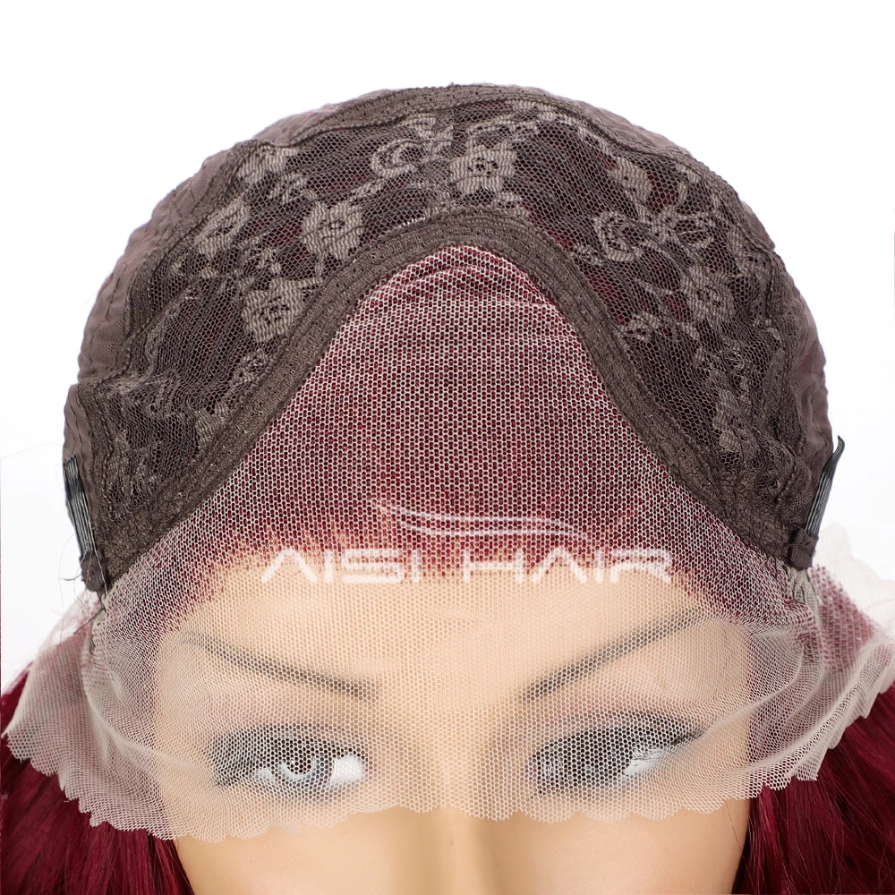 Middle Length Synthetic Burgundy Red Curly Wig for Women Glueless Afro Bouncy Curly Heat Resistant Synthetic Hair Lace Front Wig