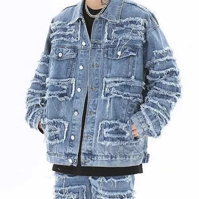 Custom High Quality Streetwear Men Blank Long Sleeve Wash Denim Coat Vintage Distressed Ripped Jackets