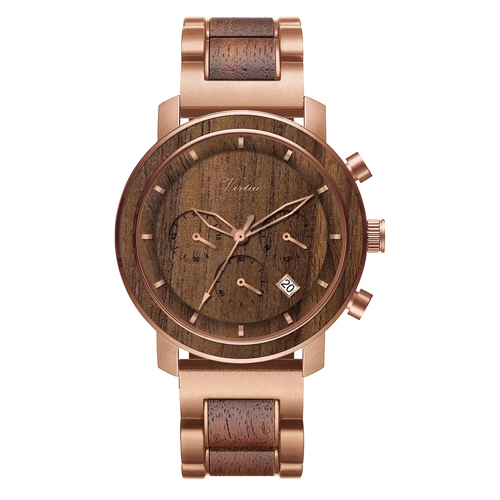 New Original Design Custom LOGO Wholesale Waterproof Luxury Wooden Wrist Watches Chronograph Metal Stainless Steel Wood