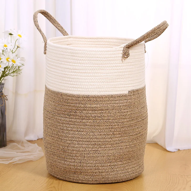 High Quality Cotton String Weaved Clothes Dirty Laundry Basket Storage Baskets Bins with Lid Practical Storage Organizer