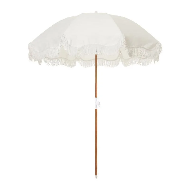 Custom White Wooden Pole Garden umbrella Cotton Tassel Fringe Garden Sun Outdoor Beach Parasols With Tassel