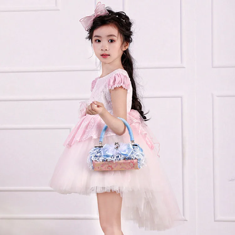 
Girls Party Wedding Flower Lace Dresses With Long Tailed Short Front Long Back Skirts 