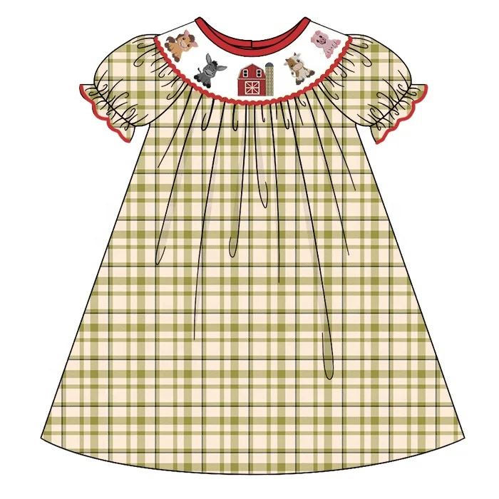 Kids Smocked Clothing Infant Baby Toddler Girls Boys Sibling Matching Clothes Fall Farm Embroidered Plaid Dress Outfit Romper