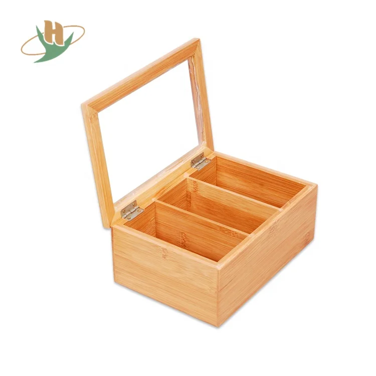 Natural living equally divided solid storage bamboo wood custom tea box with hinged clear lid