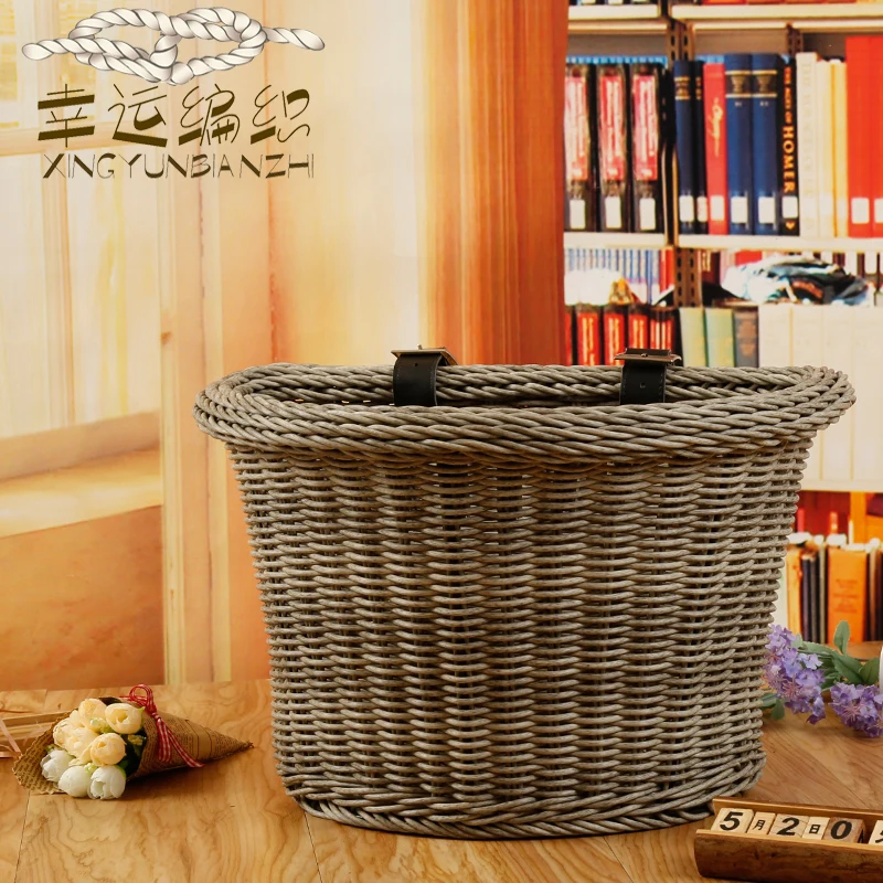Factory wholesale D shaped PP rattan e-bike basket plastic adult bike basket front handlebar bicycle basket with straps