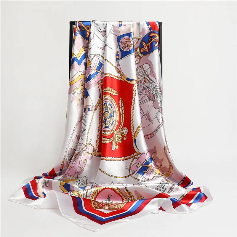 In Stock 2024 New Arrival Imitated Silk Satin Silk Scarf Luxurious Sailboat Anchor Print 90 * 90 square Scarf Milk Silk Shawl