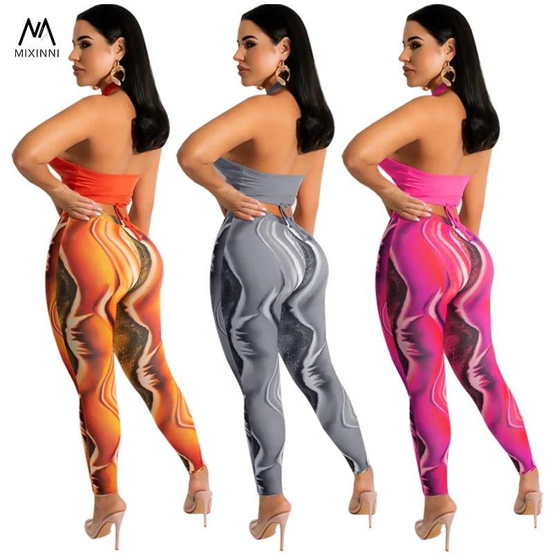 MXN 211 Sexy hanging neck solid color blouse women, printed pants two piece sets,fashion Casual summer clothes