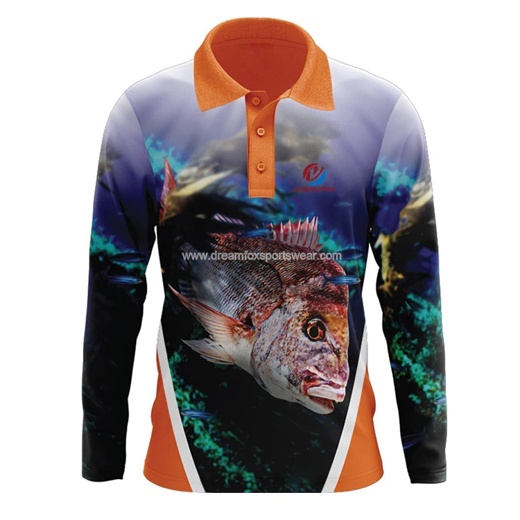 Custom sublimation fishing shirts button long sleeve  summer  UPF50+ youth fishing polo t-shirt wholesale