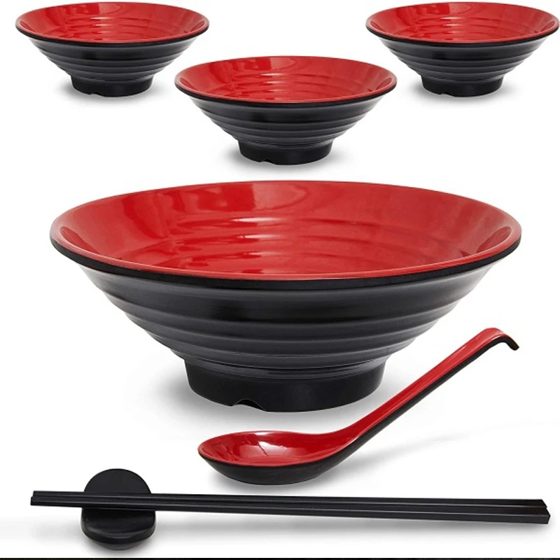 16 PC Restaurant Quality Large Melamine Ramen Bowls Spoon Complete Dinnerware Set with Chopsticks Korean Thai Miso Udon Pho bowl
