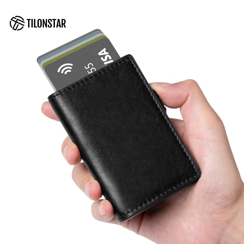 Ready To Ship Ultra Thin Leather Business Card Case Minimalist Rfid Blocking Anti-Theft Pop Up Wallet Men Card Holder