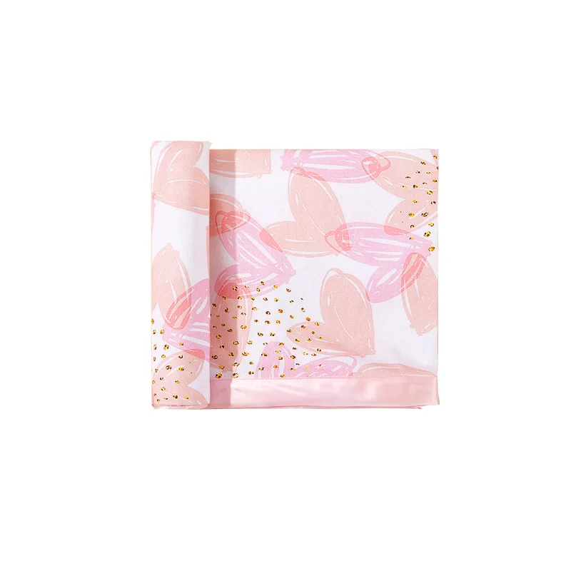2024 INS Popular 120*120cm Muslin Cotton Newborn Cartoon Swaddle Wrap Baby Swaddle Blanket with Satin Edge
