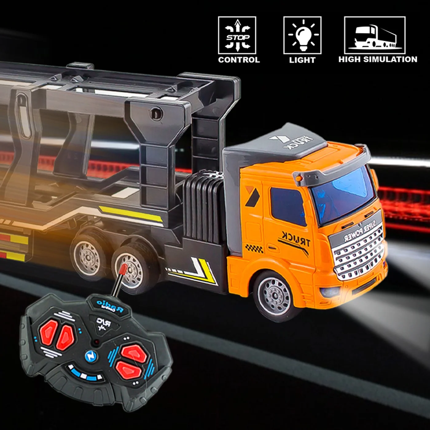 KUNYANG 4 channel kids birthday gift rc truck with lighting double deck transport trailer toys plastic remote control rc truck