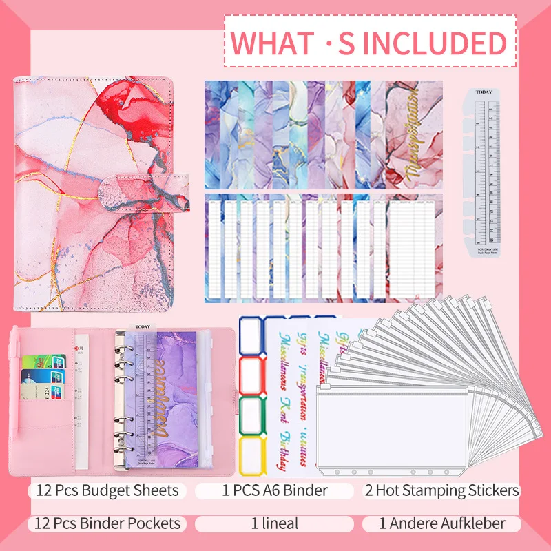 Factory fast delivery A6 Marble 6 Ring Binder Binding Leather Cash Money Budget Binder Planner refillable binder notebook