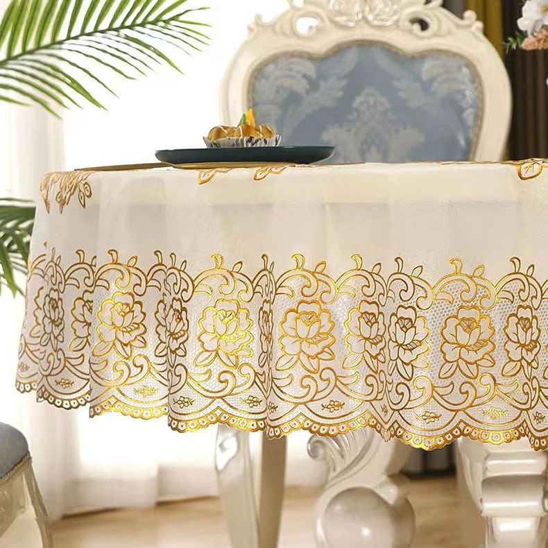 2023 white round pvc material plastic gold lace tablecloth