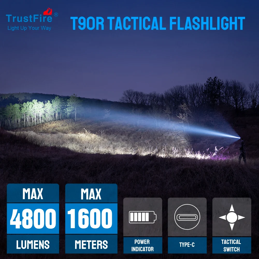 T90R 1.6km Long Range Hand Torch Light Strong Aluminums Type-C USB Charging 21700 Rechargeable Powerful Hunting Flashlight