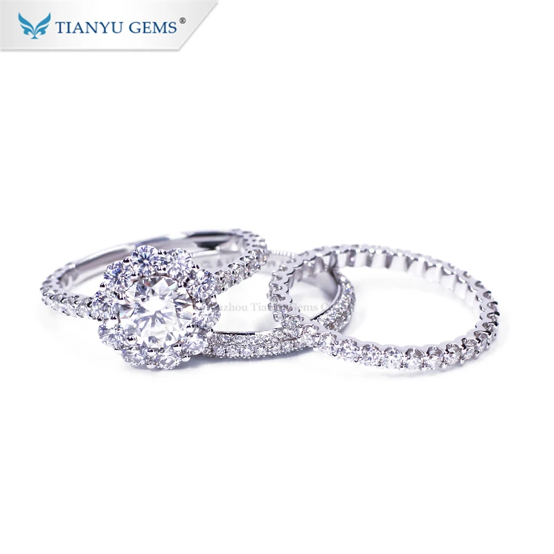 Tianyu gems pure gold three ring set moissanite diamonds flower shape white gold wedding rings