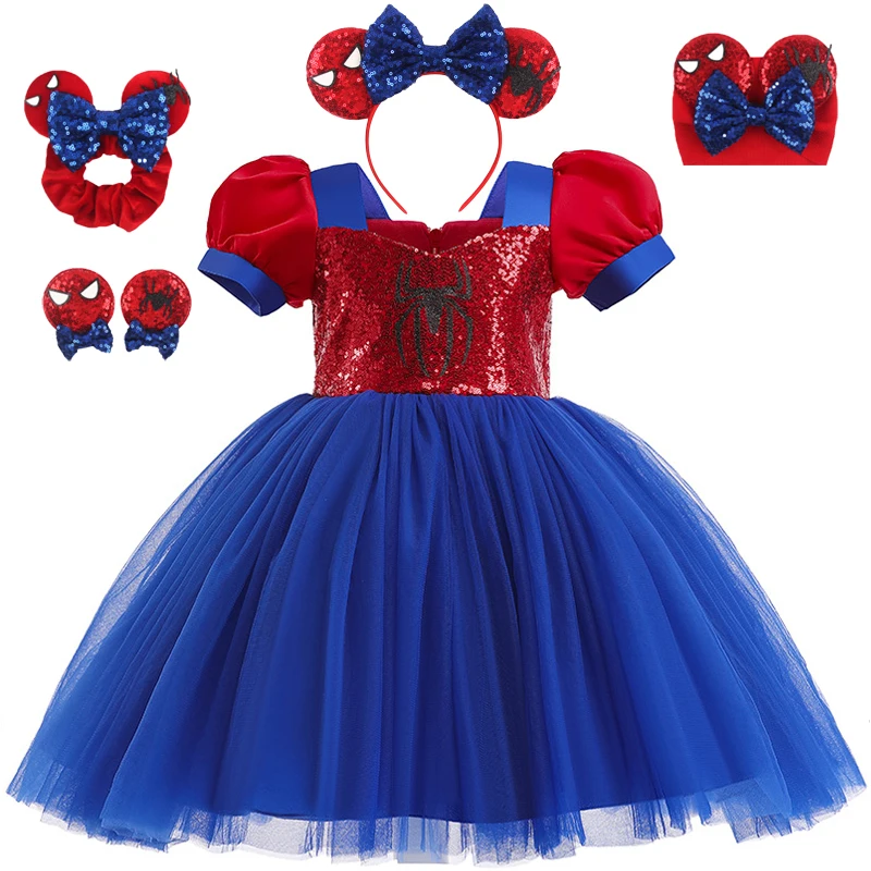 LZH Girl Sequin Mesh Bow Princess Fancy Dress UP Children Carnival Cosplay Kids Halloween Spiderman Costumes