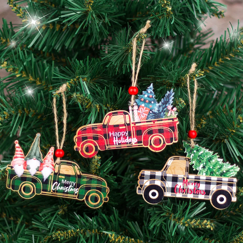 New Merry Christmas Letter Print Truck Shaped Christmas Tree Ornaments Red Green Black Plaid Christmas Wooden Small Pendant