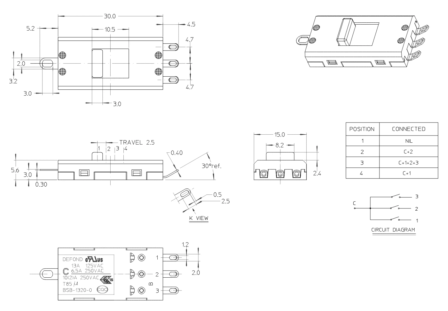 Solder Terminal 4 Position Miniature Sliding Door Light Switch Defond 1p3t Slide Switch BSB-1320-02-ABA73-01R