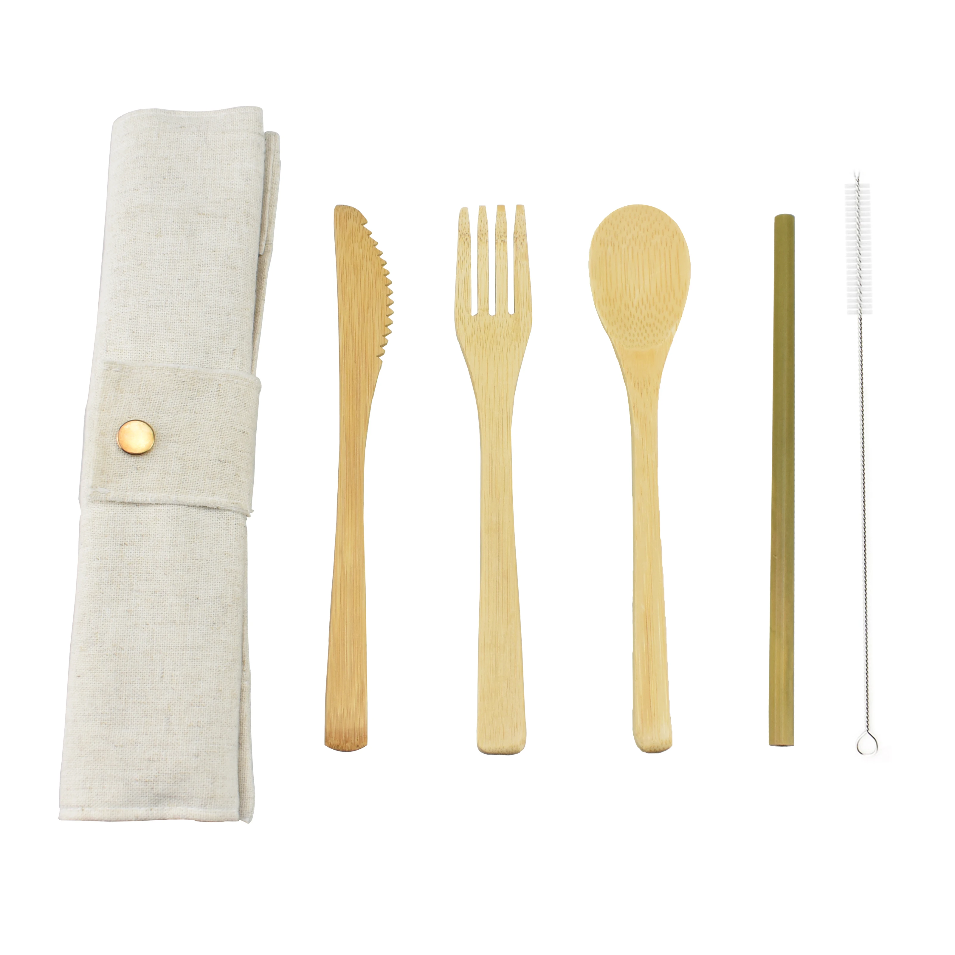 Hot sale custom logo outdoor picnic bamboo wood Knife fork spoon straw cutlery set with travel pouch