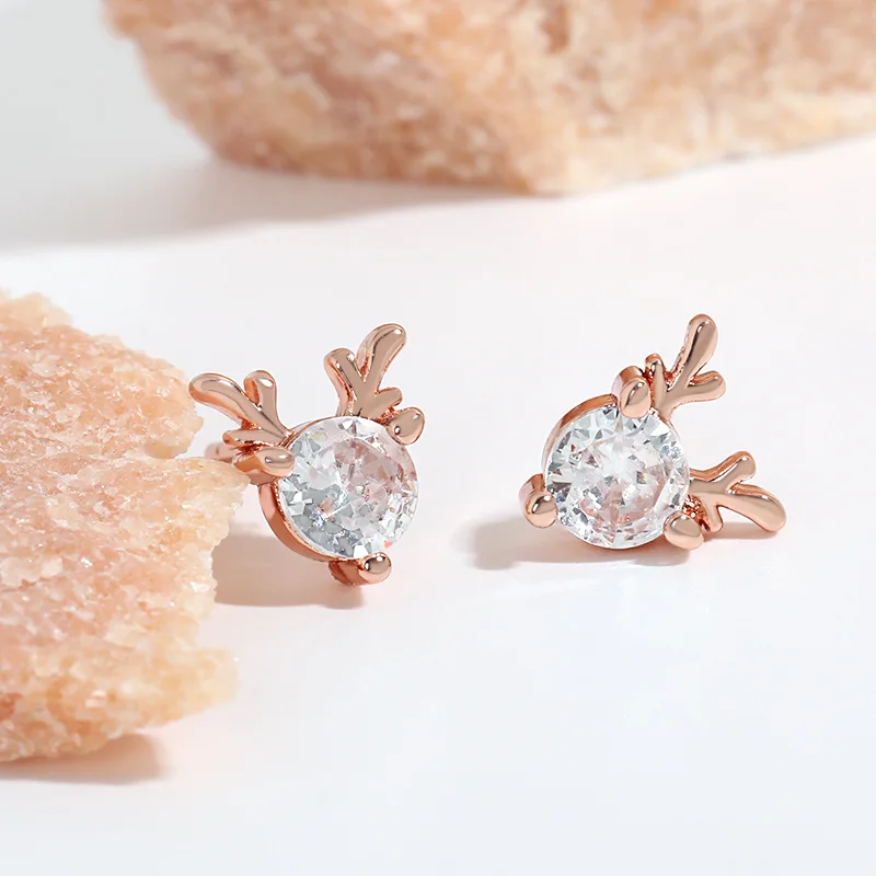 2024 Best selling brass 925silver needle rose gold/silver antler zircon simple elk earrings