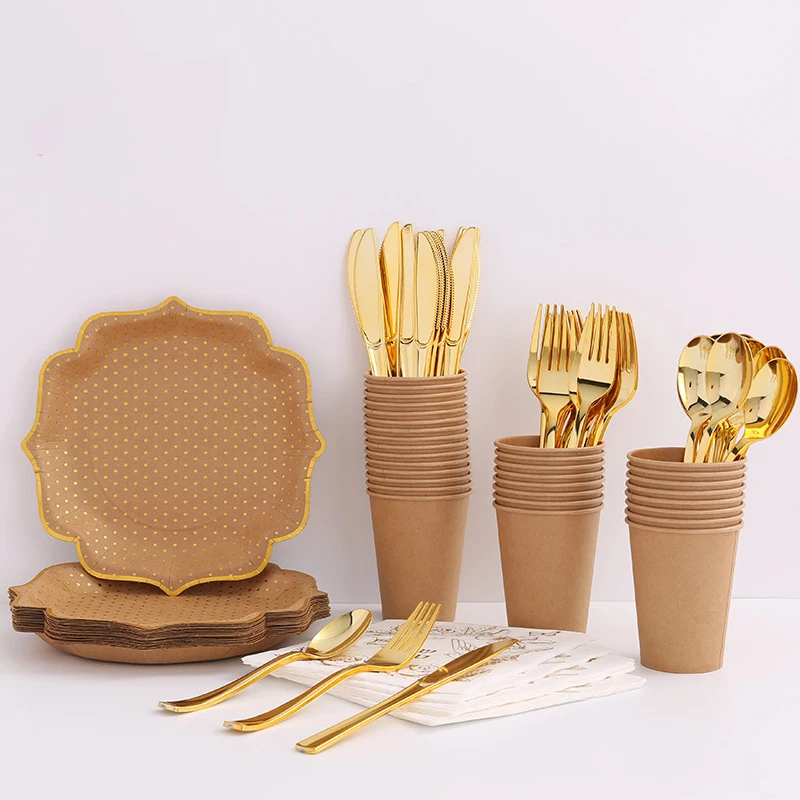 Popular Printed Color Gold Disposable Happy Birthday Party Paper Food Events Decoration Plates Dinnerware Supplies Kits