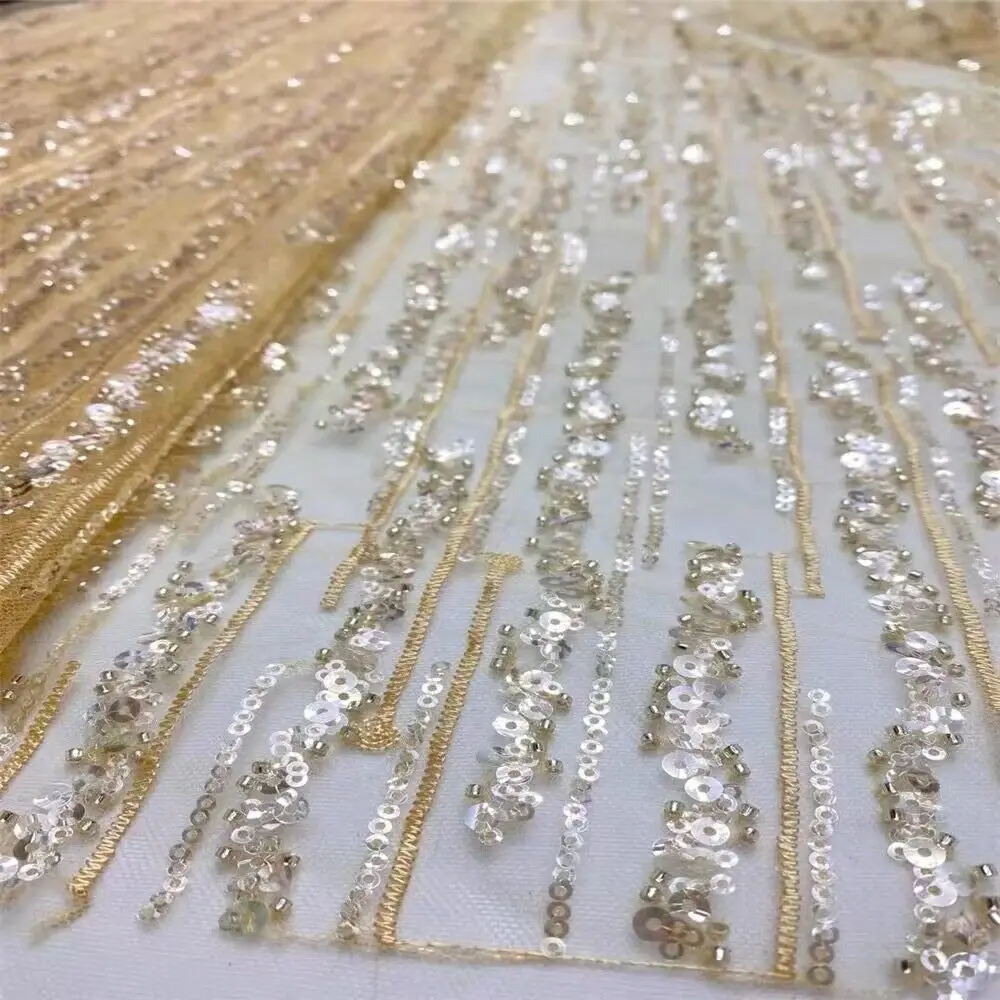 fancy flower embroidery fabric with sequins, high-end white lace fabric for wedding bridal dress