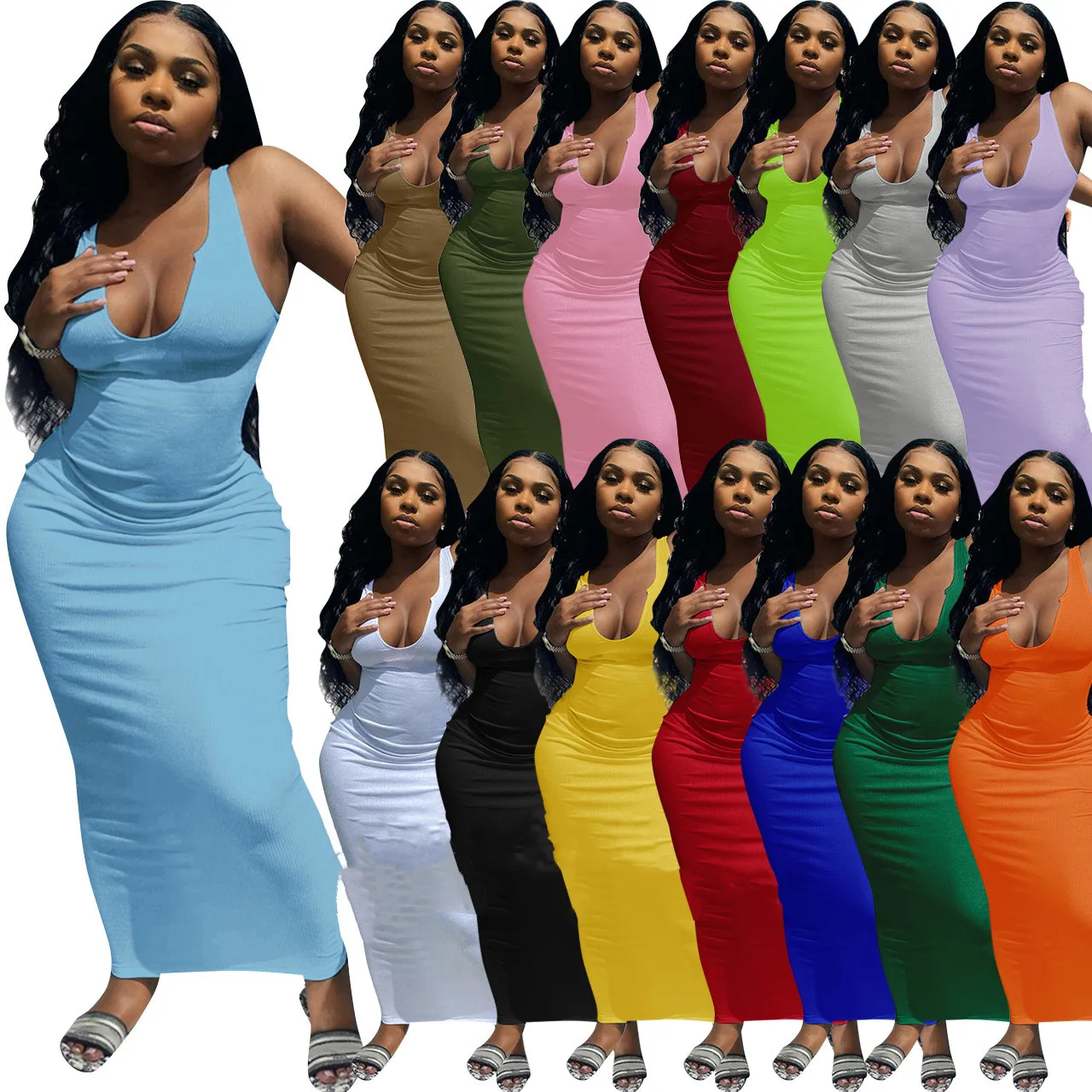 Europe and America Slim Maxi Dress Ladies Sexy Summer Clothes for Women Deep V-Neck Designer Clothes Dresses Women Lady Elegant