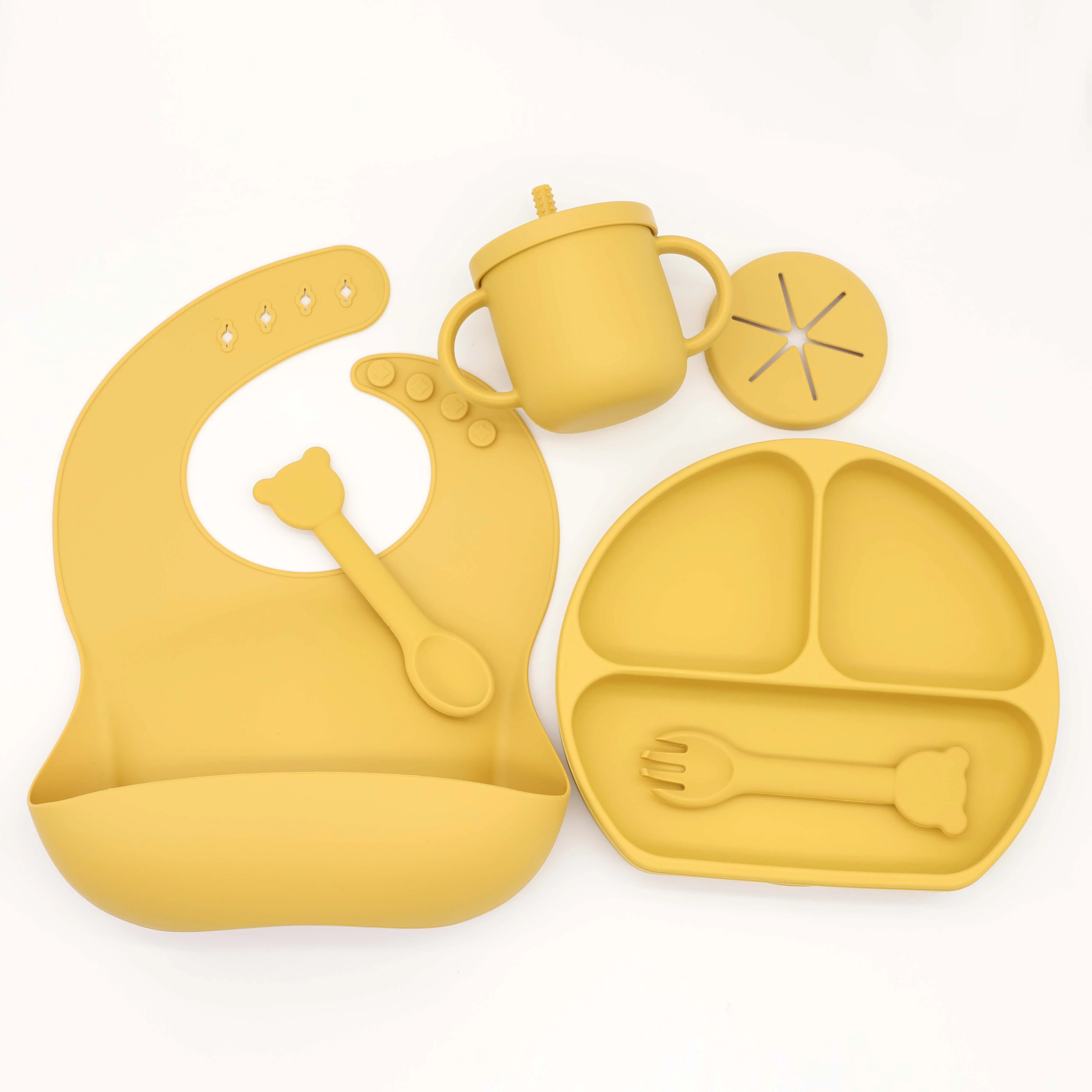 Custom 2 In 1 Snack Container Baby Cup Soft Silicone Snack And Drink Cup for Baby bib Suction plate bear spoon fork Silicone