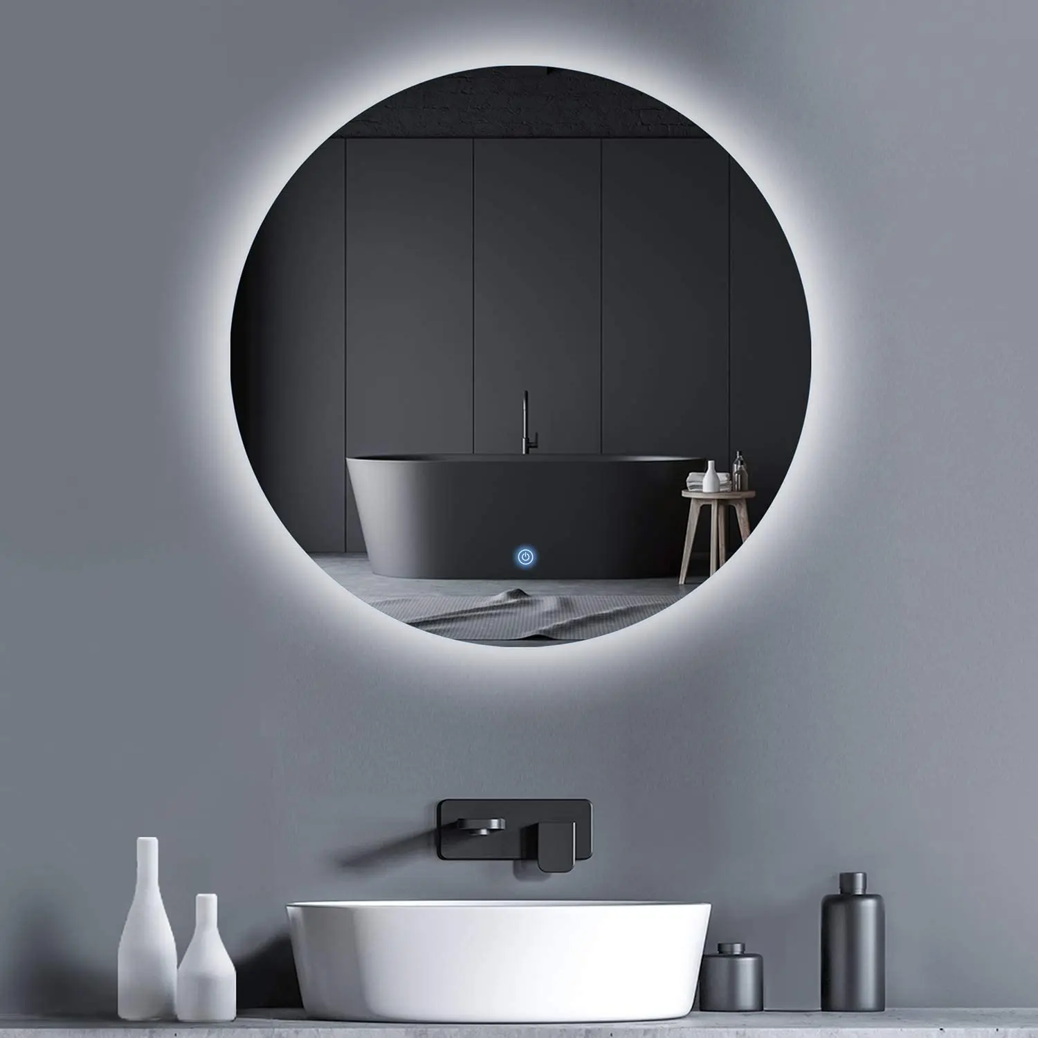 Роскошный настенный большой со светодиодными огнями, зеркало для душа с подсветкой, умный стеклянный сенсорный экран, Wi-Fi, водонепроницаемый круглый Бескаркасный