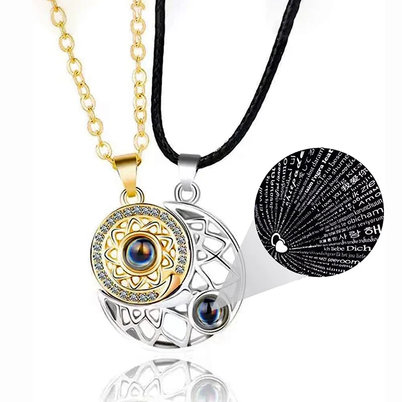 Sun And Moon Shape Couple Friendship Matching Necklaces Jewelry I Love you 100 Languages Projection Magnetic Pendant Necklace