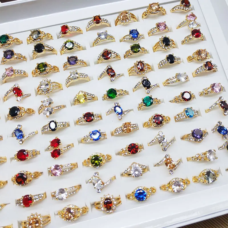 Wholesale Geometric Natural Stone Metal Inlaid Ring Jewelry Color Zircon Crystal Ring