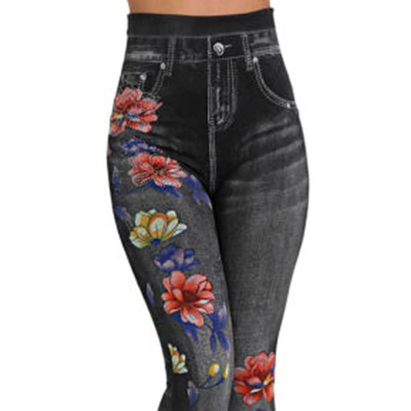 New Women Lift the Hips Leggings Floral Print High Elastic Slim Long Pants Seamless Imitate Jeans Leggings