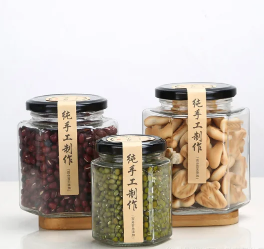 Food grade hexagonal honey glass jar jam pudding jar with screw metal lid 45ml 85ml 100ml 180ml 280ml 380ml 730ml