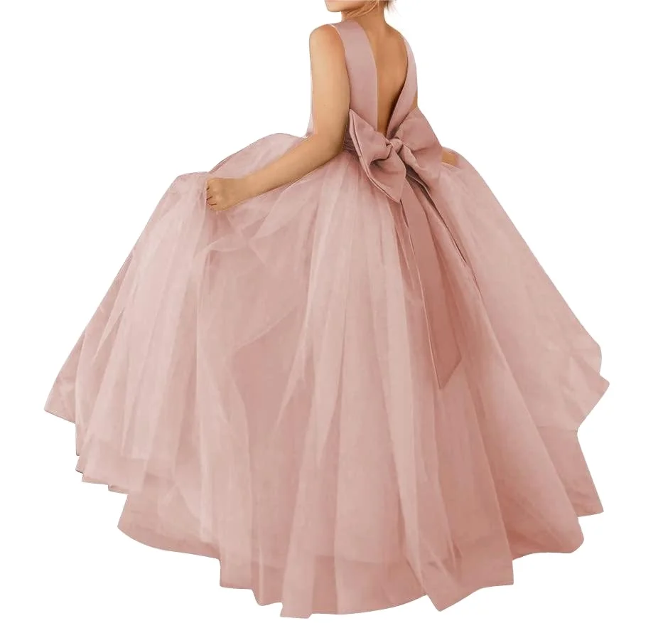 High Quality Girl Wedding Dress Flower Girl Birthday Party Dresses  Satin Tulle Princess Pageant Dress  with Bow-Knot