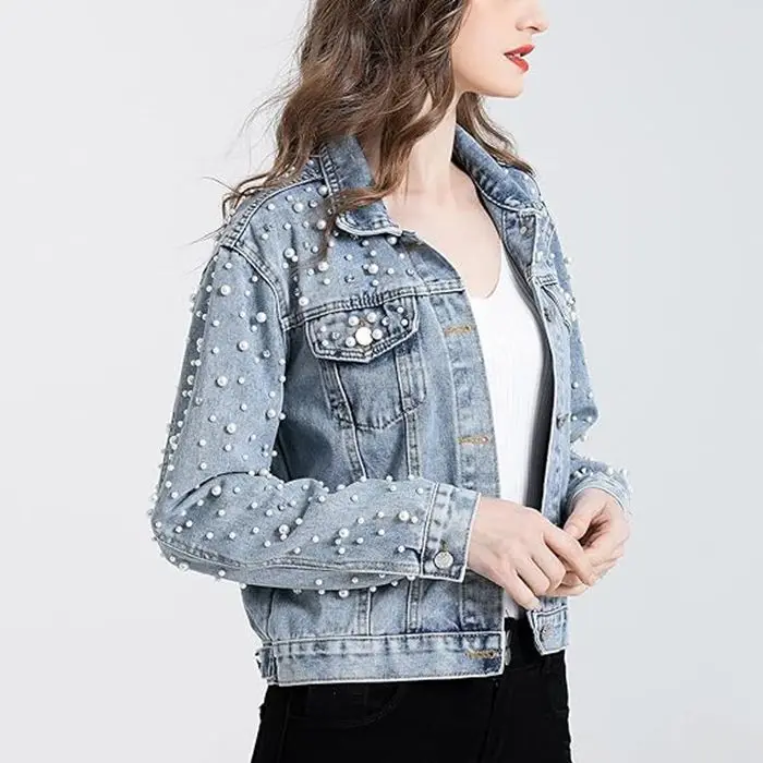 Pearls Cropped Jean Jacket for Women Regular Fit Embroidered Denim Jacket Coat