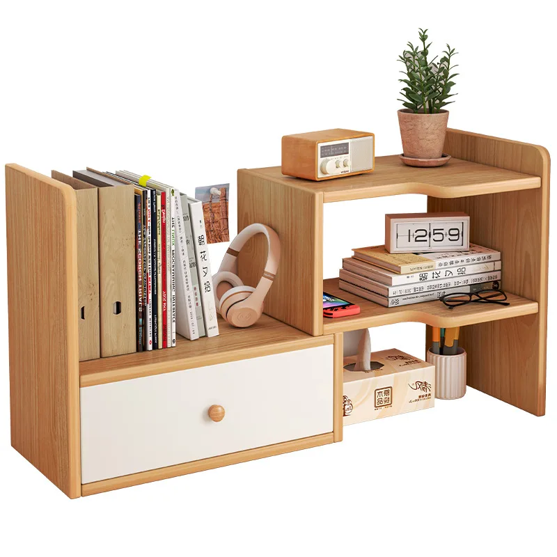 Desktop Shelf Wood Desk Multi-layer Hierarchical Aircraft Drawer White Extendable Geometric Bookcase