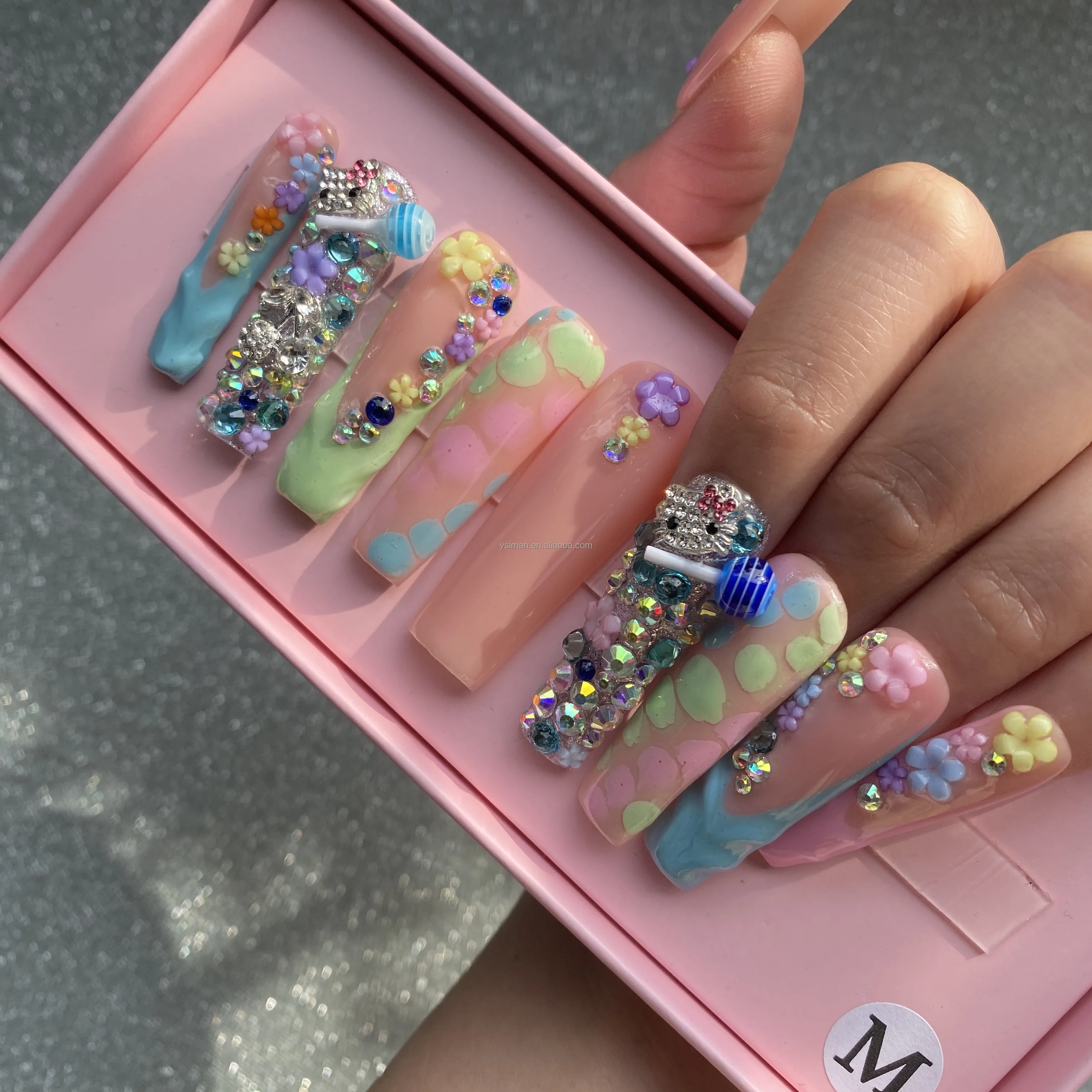 INS fashional full cover false nail tips 50MM XL glittery rhinestone press on nails reusable artificial false nails