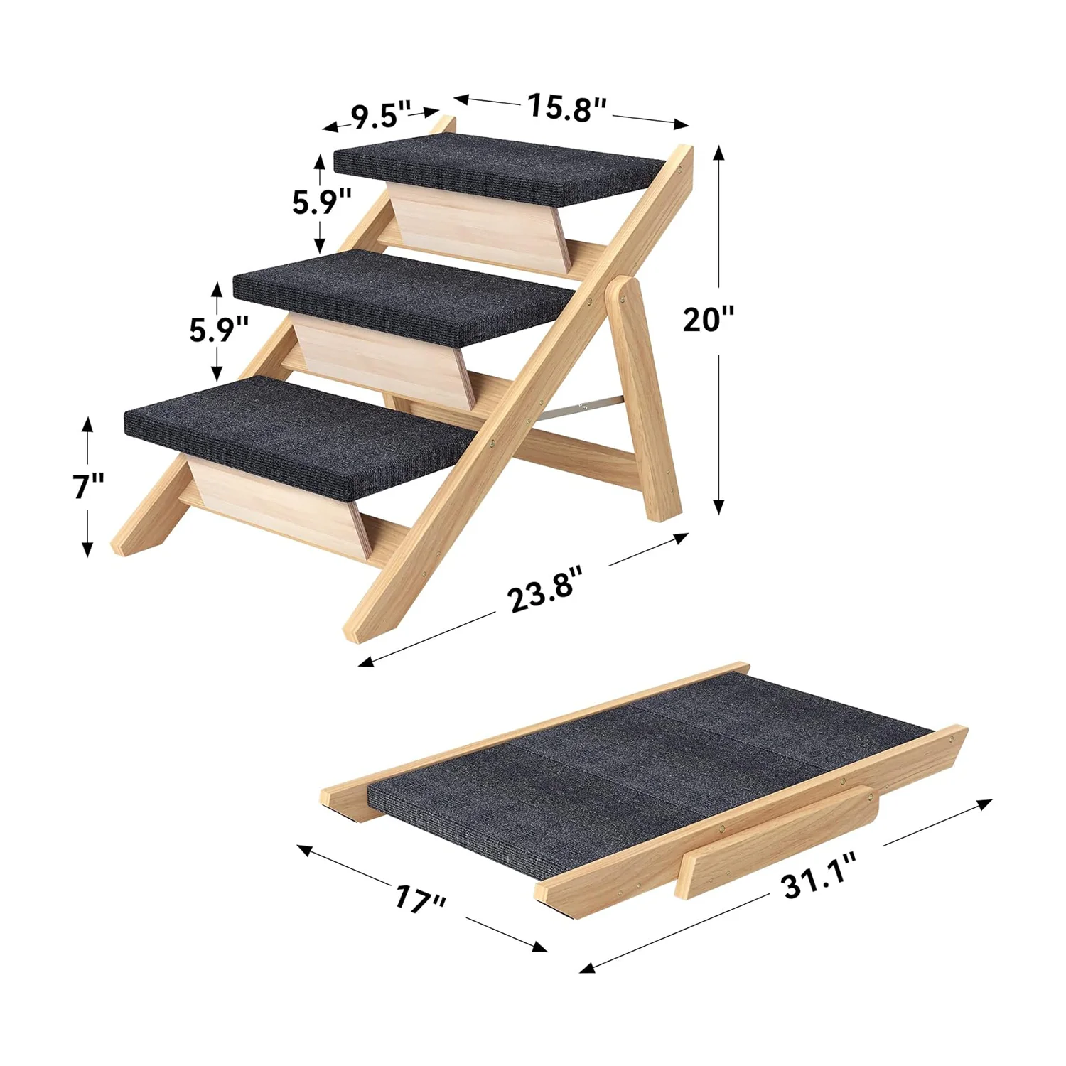 Pet Stairs/Steps Medium Dogs Steps Foldable Wood Dog Ramp with Non-Slip Pads, Safety, Durable Portable Ladder 3 Steps