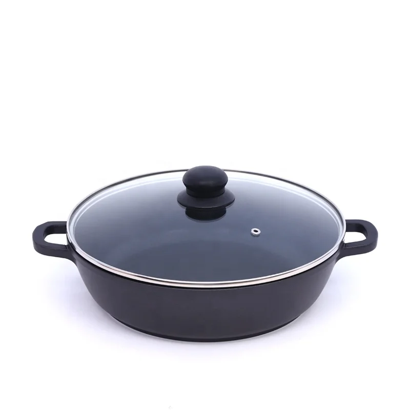 classical die cast aluminum non stick coating shallow casseroles with tempered glass and induction base pan