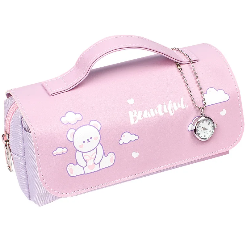 Водонепроницаемый детский ручной пенал, вместительные милые школьные пеналы для девочек из холщовой искусственной кожи с подвеской для часов