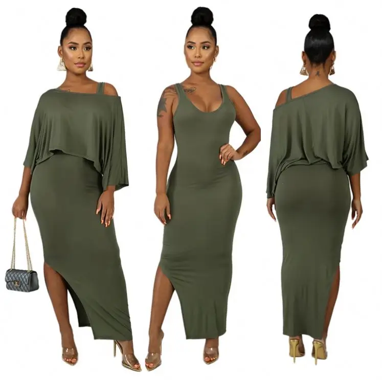 1119M019 new style solid split strap dress sloping shoulder top Long Dress Clothing Women Two Piece Sets 2 piece skirt