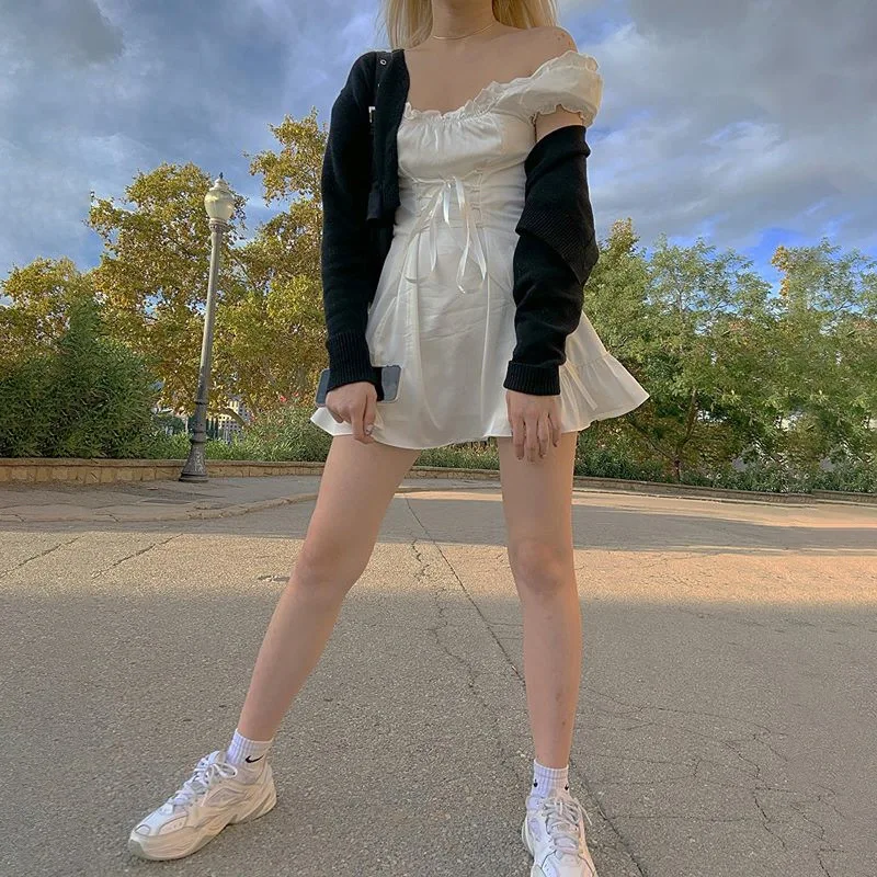 
Summer Hot French Romantic Silk White Bow Short Sleeve Fashion Elegant Party Birthday Festival Women Mini One Shoulder Dress 