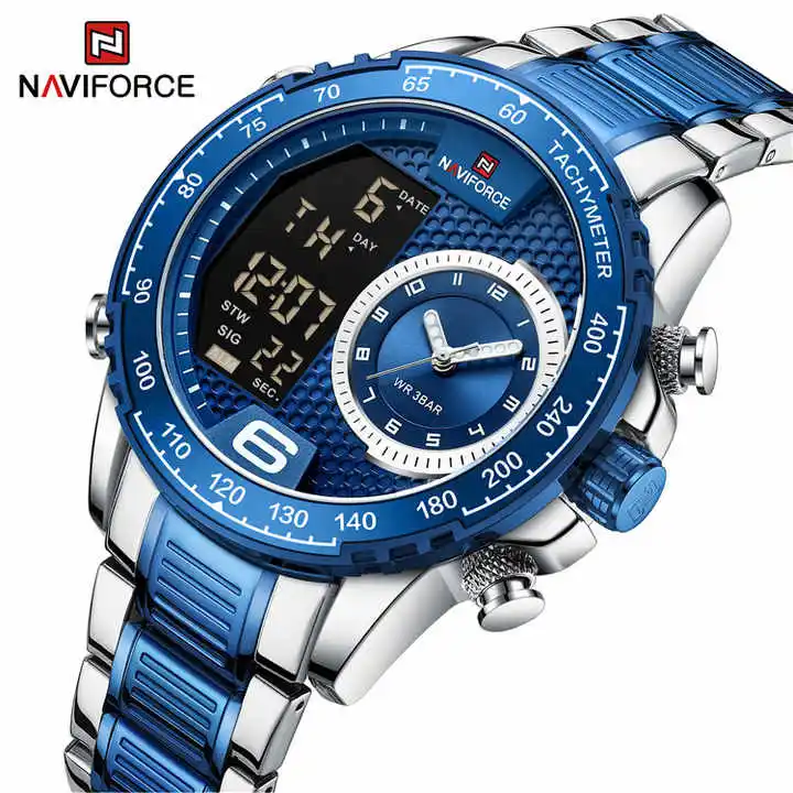 NAVIFORCE NF9199S Fashion Dual Display Stainless Steel Chain Analog Quartz Digital Watch for Men