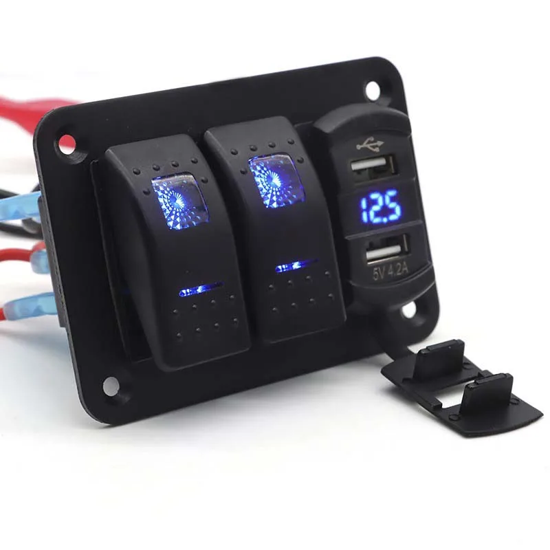 Waterproof Pre-Wired Aluminum 2 Gang Rocker Switch Panel with Dual USB Voltmeter ON Off Switch Panel for Boats Cars Rvs Trucks