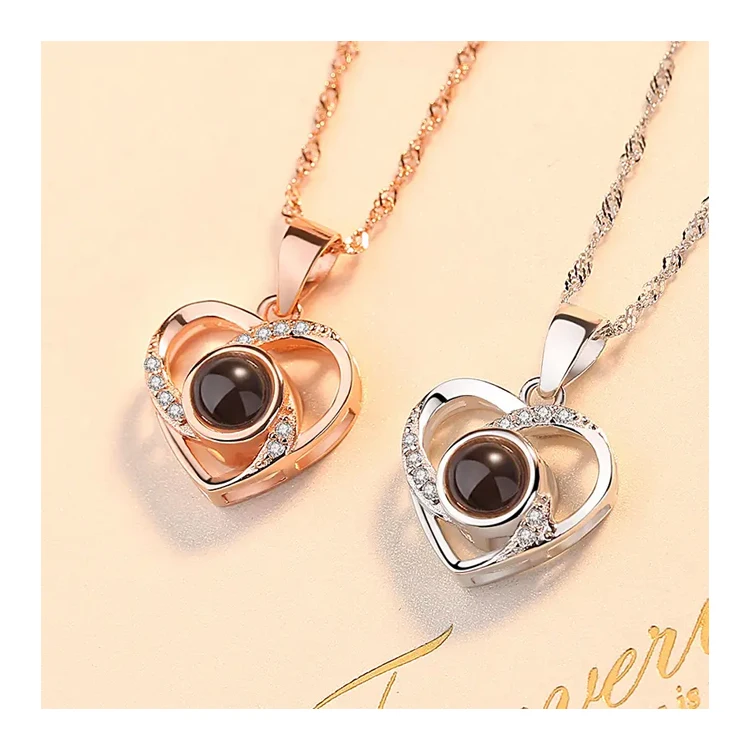 Wholesale Stainless steel   love heart shaped in 100 languages i love you projection pendant  Gift necklace